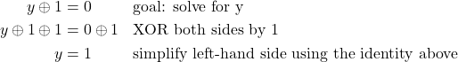 \[\begin{aligned} y \oplus 1 &= 0 & &\text{goal: solve for y} \\ y \oplus 1 \oplus 1 &= 0 \oplus 1 & &\text{XOR both sides by 1} \\ y &= 1 & &\text{simplify left-hand side using the identity above} \end{aligned}\]