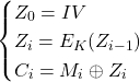 \[\begin{cases}   Z_0 = IV \\ Z_i = E_K(Z_{i-1}) \\ C_i = M_i \oplus Z_i \end{cases}\]