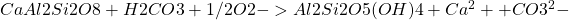 \ce{CaAl2Si2O8 + H2CO3 + 1/2O2 -> Al2Si2O5(OH)4 + Ca^2+ + CO3^2-}