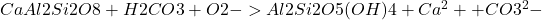 \ce{CaAl2Si2O8 + H2CO3 + ½O2 -> Al2Si2O5(OH)4 + Ca^2+ + CO3^2-}